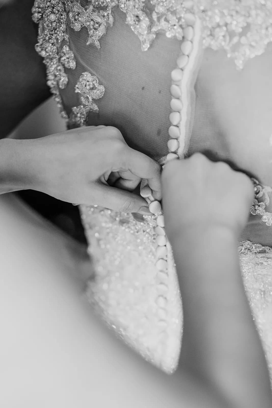 Hands fastening the covered buttons down the back of a lace wedding gown